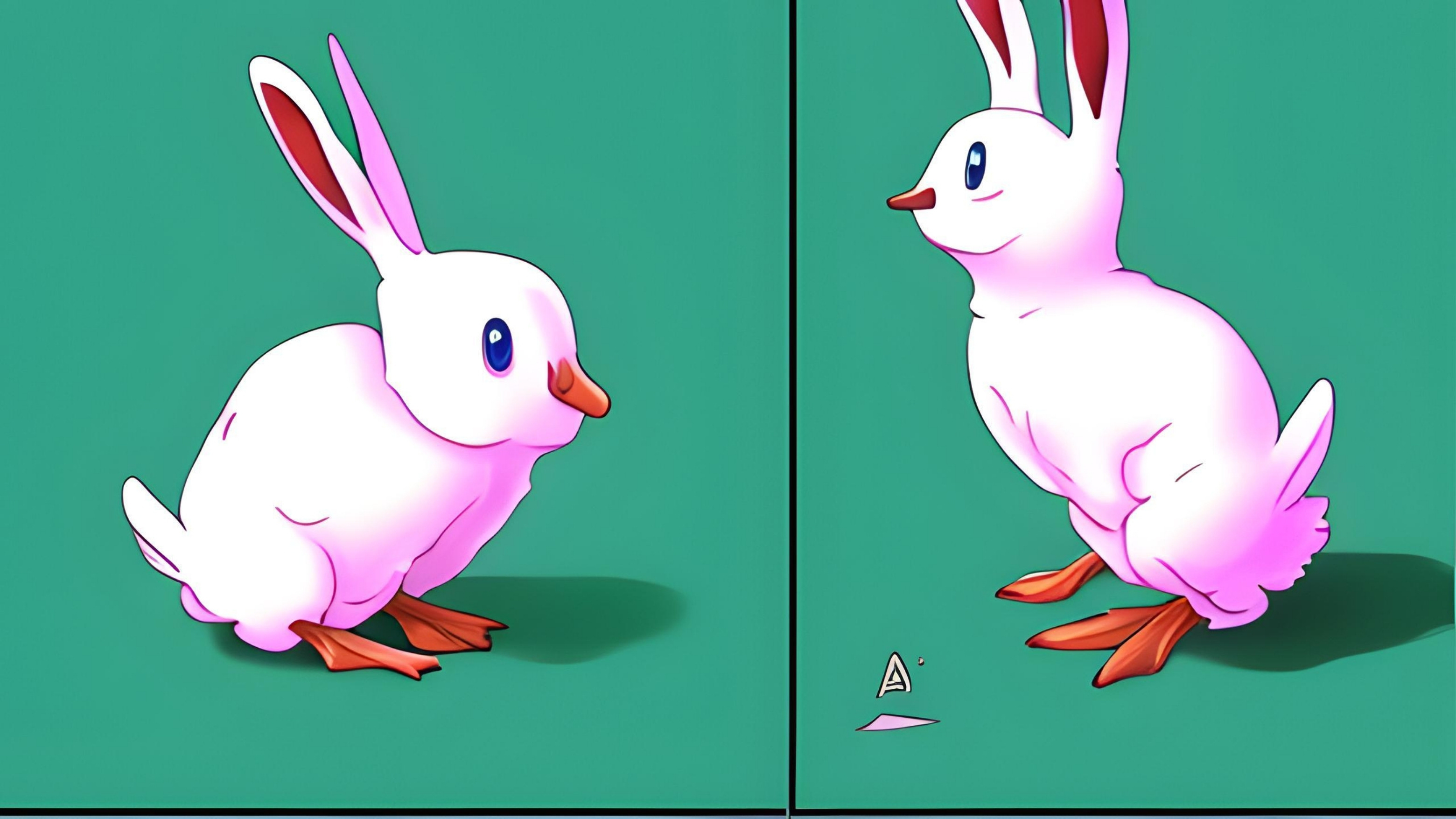 The image shows two AI-generated cartoons of a half-rabbit, half-duck character.
