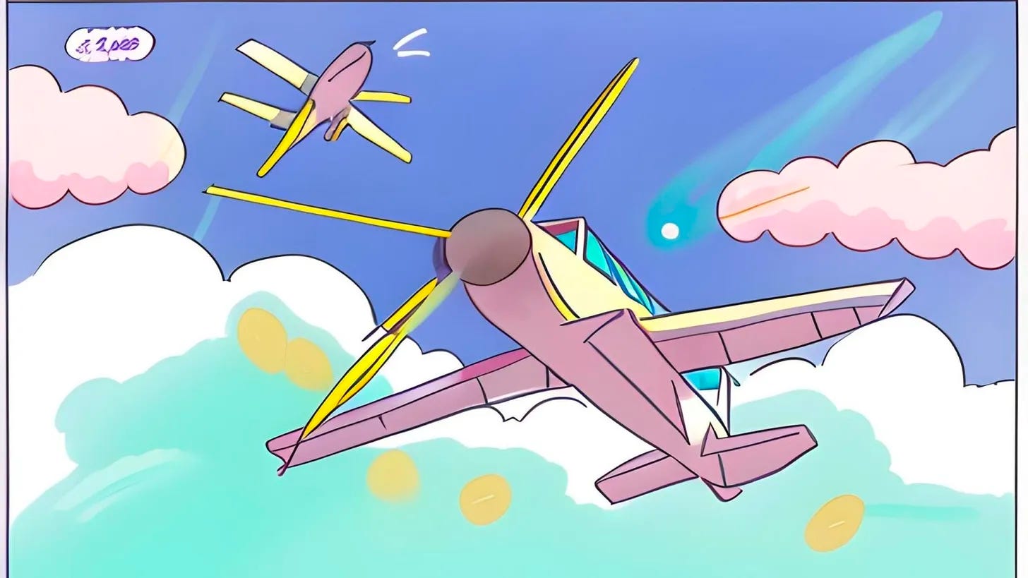 This image is of two planes destined to crash. Generated via AI, one plan has three propeller blades at 0, 90, and 180 (but not at 270 degrees) and the other has no propeller and 5 wings.
