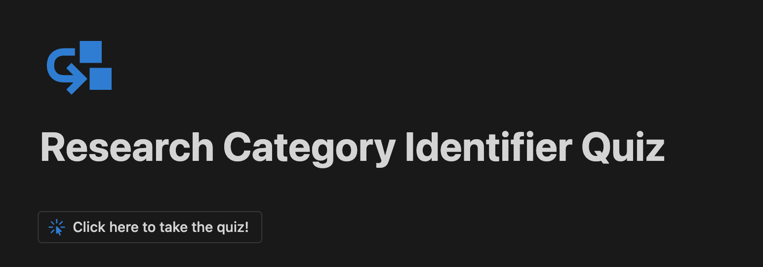 The image is a screengrab of the quiz tool and says, "Research Category Identifier Quiz" and "Click here to take the quiz!"